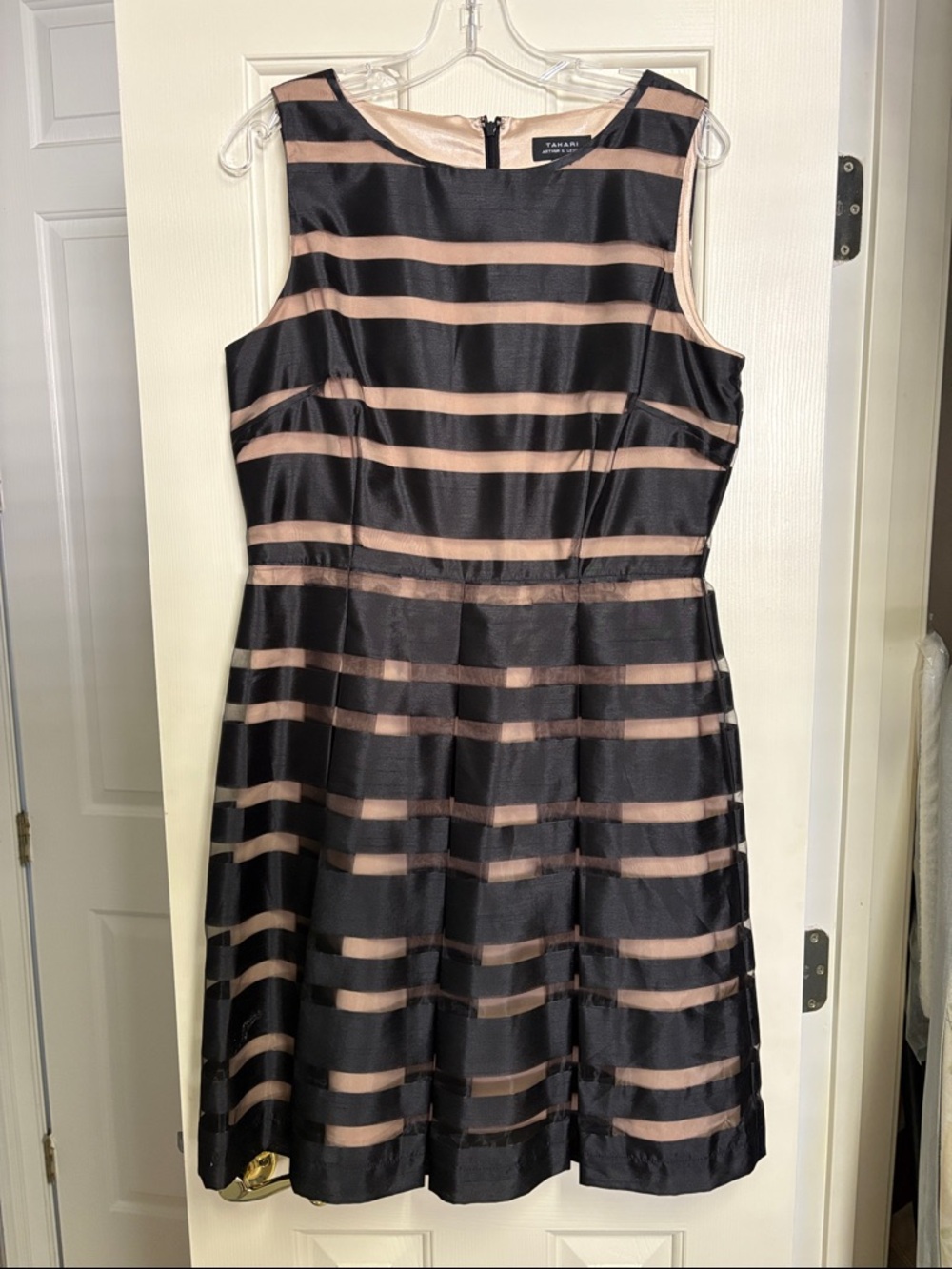 Tahari ASL Black and Nude Striped Sleeveless Fit-and-Flare Dress